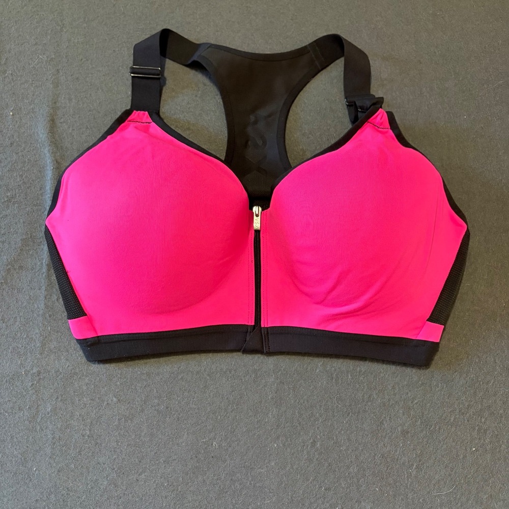 Victoria's Secret VSX Sport Bra Women 38DD Pink Black Zip Front High Impact